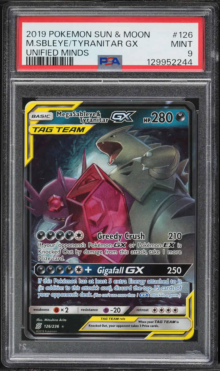 2019 Pokemon Sun & Moon Unified Minds Holo Mega Sableye & Tyranitar GX #126 PSA 9 MINT