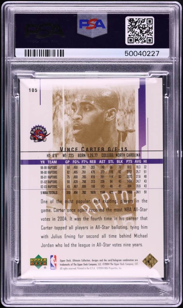 2003 Ultimate Collection Limited Black Vince Carter 1/1 #105 PSA 9 MINT - Photo 2