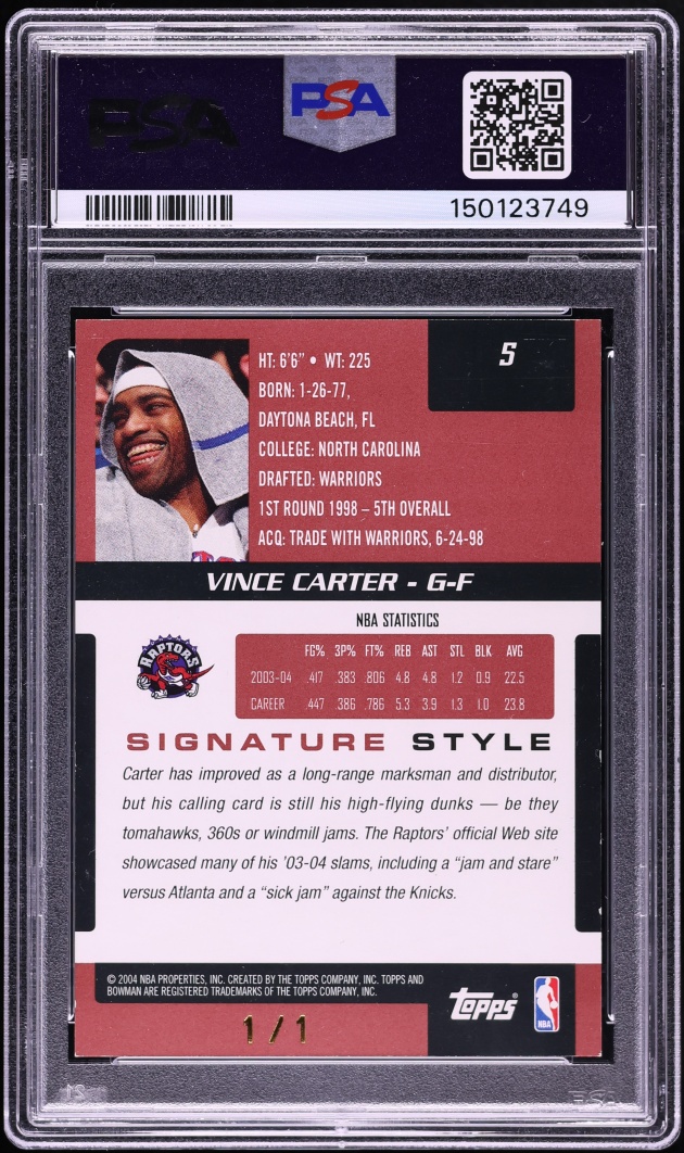 2004 Bowman Signature Vince Carter 1/1 #5 PSA 7 NRMT - Photo 2