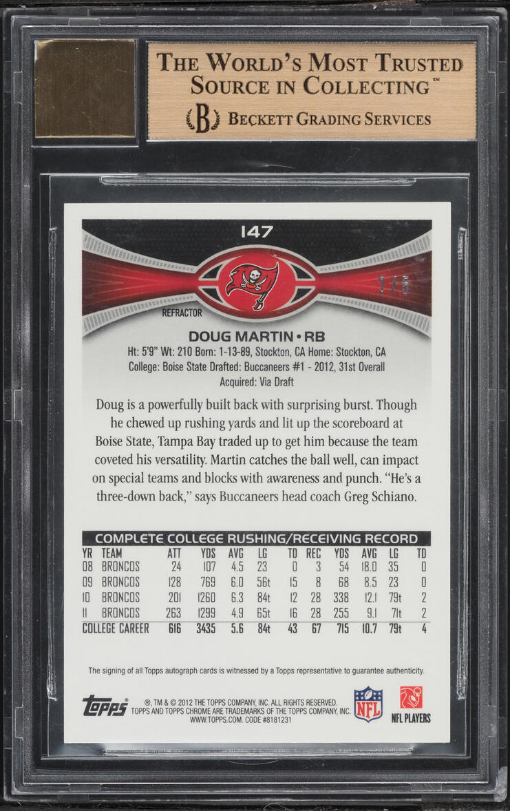 2012 Topps Chrome Red Refractor Doug Martin ROOKIE AUTO /5 #147 BGS 9.5 GEM MINT