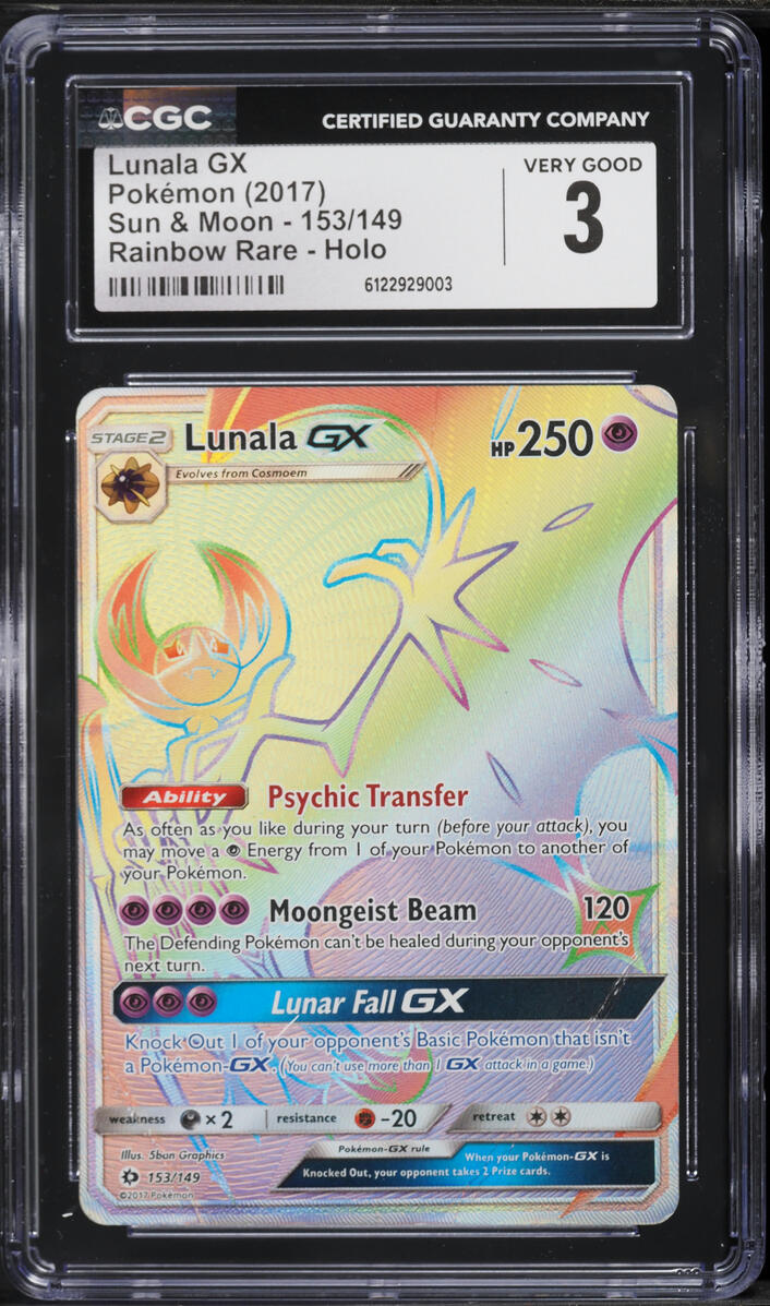 2017 Pokemon Sun & Moon Rainbow Rare Lunala GX #153 CGC 3 VG