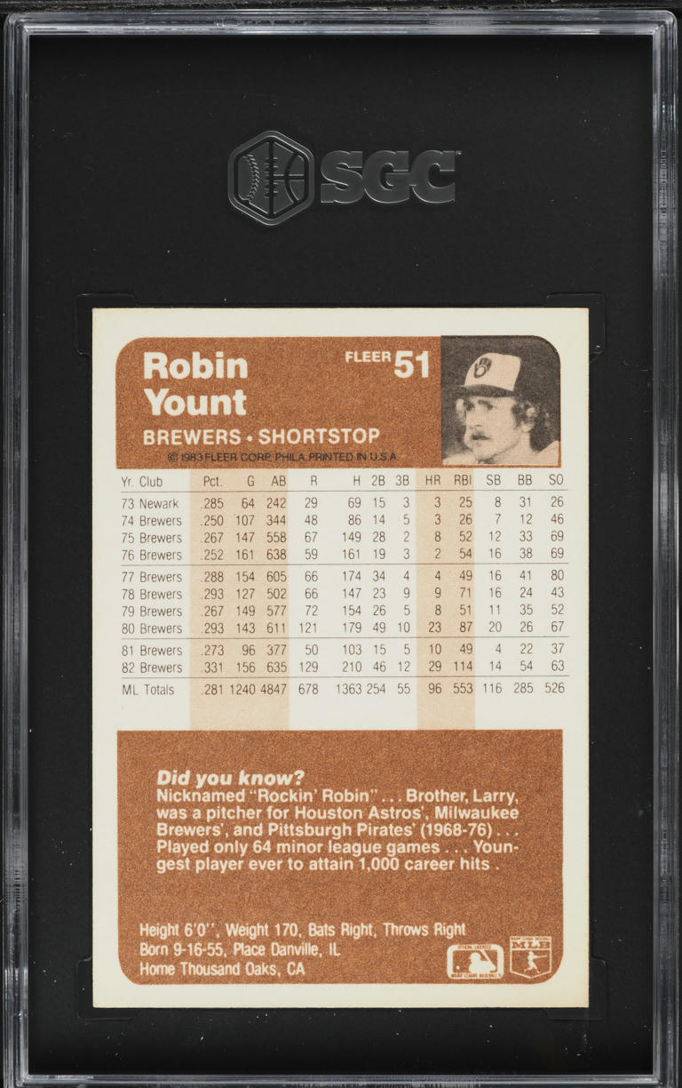 1983 Fleer Robin Yount #51 SGC 4 VGEX
