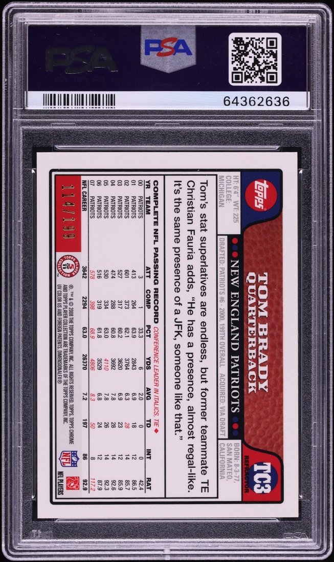 2008 Topps Chrome Gold Refractor Tom Brady /199 #TC3 PSA 9 MINT - Photo 2