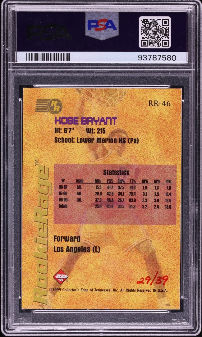 1999 Collector's Edge Rage Pro Blue Ink Kobe Bryant ROOKIE AUTO /39 DNA 10 #RR-46 PSA AUTH - Photo 2