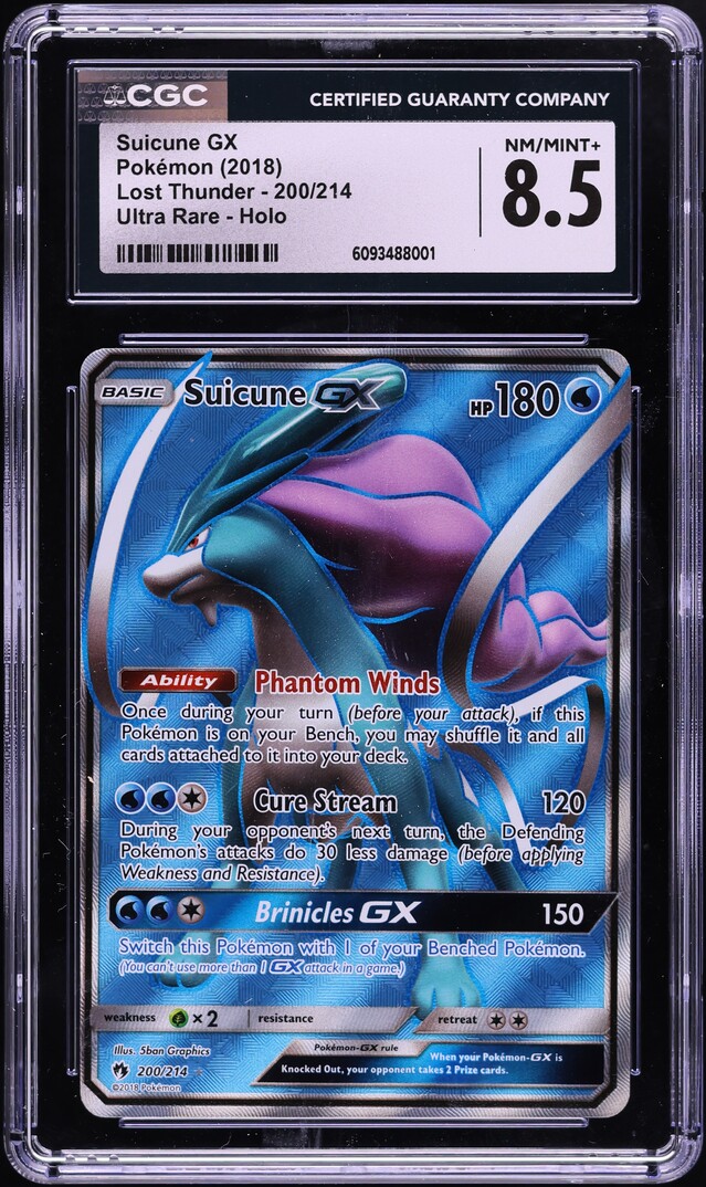2018 Pokemon Sun & Moon Lost Thunder Full Art Suicune GX #200 CGC 8.5 NM-MT+