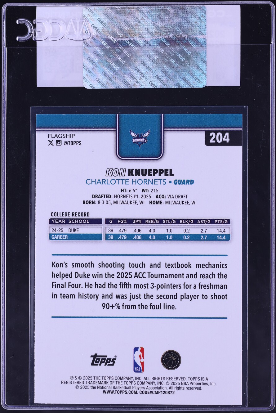 2025 Topps Basketball Kon Knueppel ROOKIE #204 CGC AUTH