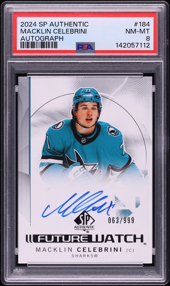 2024 SP Authentic Future Watch Macklin Celebrini ROOKIE AUTO /999 #184 PSA 8 NM-MT