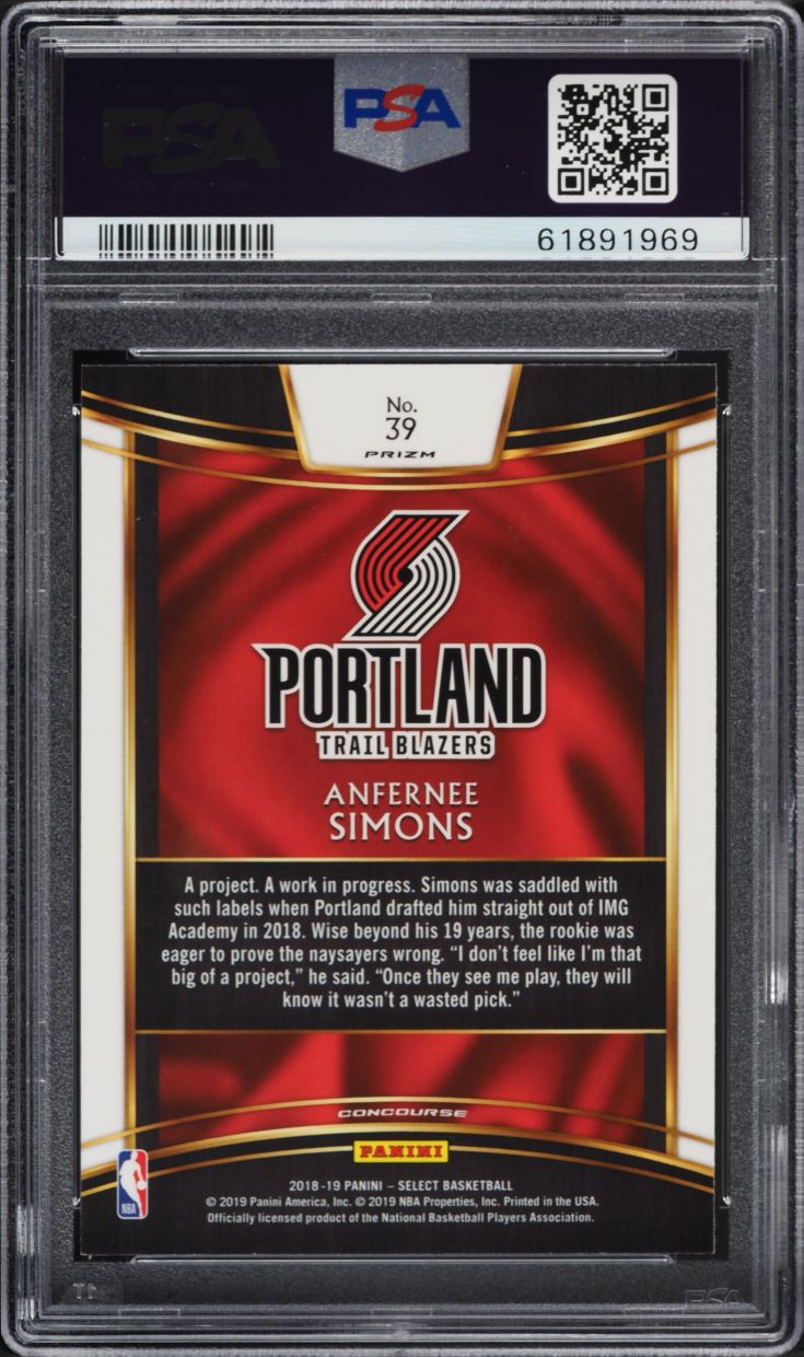 2018 Select Silver Prizm Anfernee Simons ROOKIE #39 PSA 10 GEM MINT
