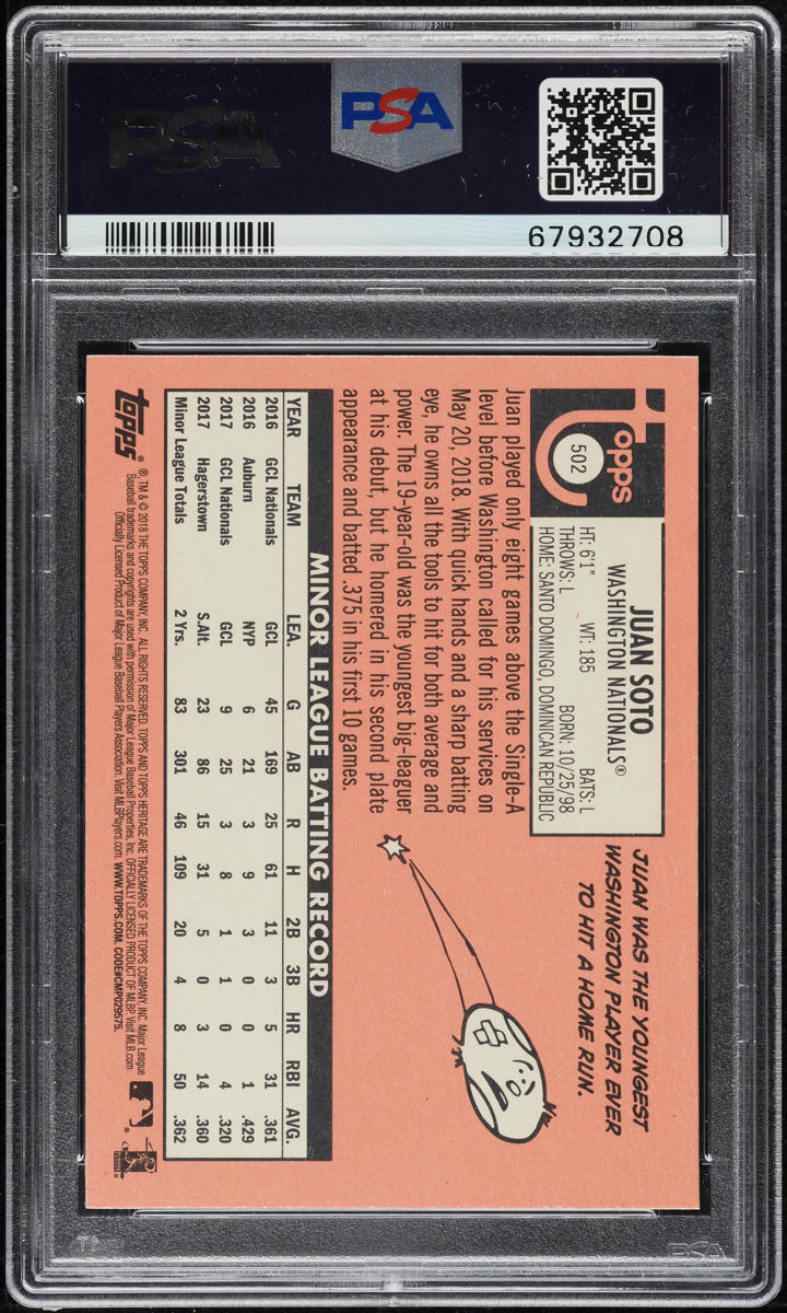 2018 Topps Heritage Juan Soto ROOKIE AUTO DNA 10 #502 PSA 10 GEM MINT