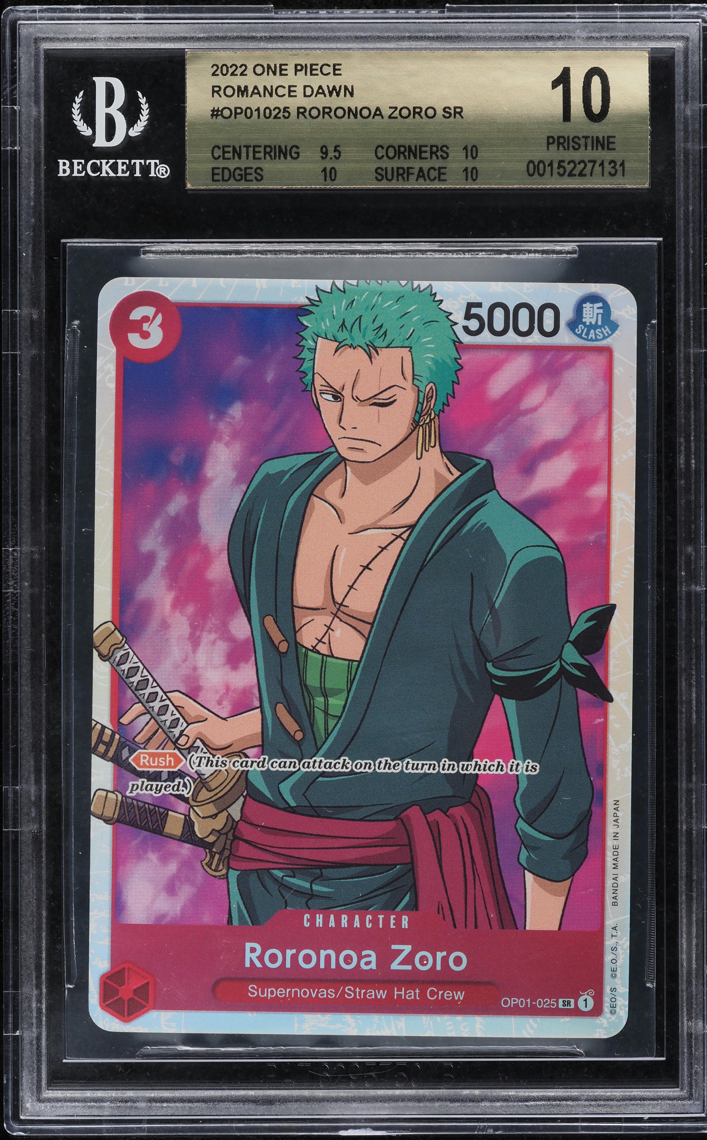 2022 One Piece Romance Dawn Roronoa Zoro #OP01-025 BGS 10 PRISTINE