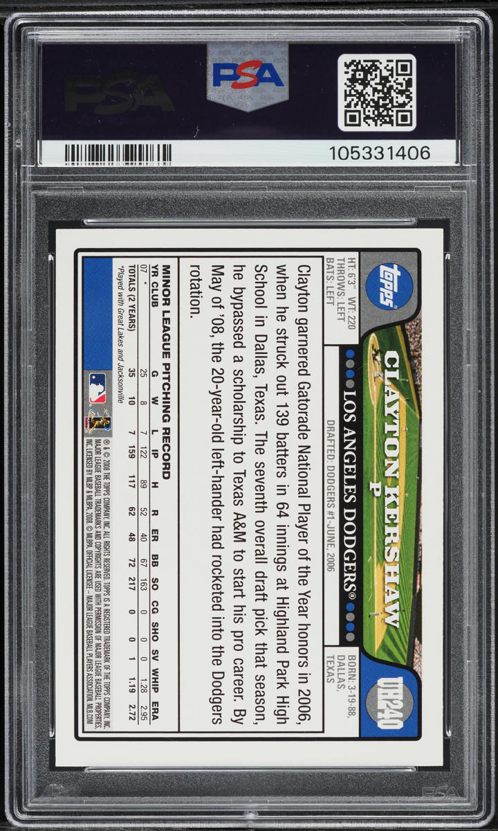 2008 Topps Update & Highlights Gold Foil Clayton Kershaw ROOKIE PSA 9 MINT