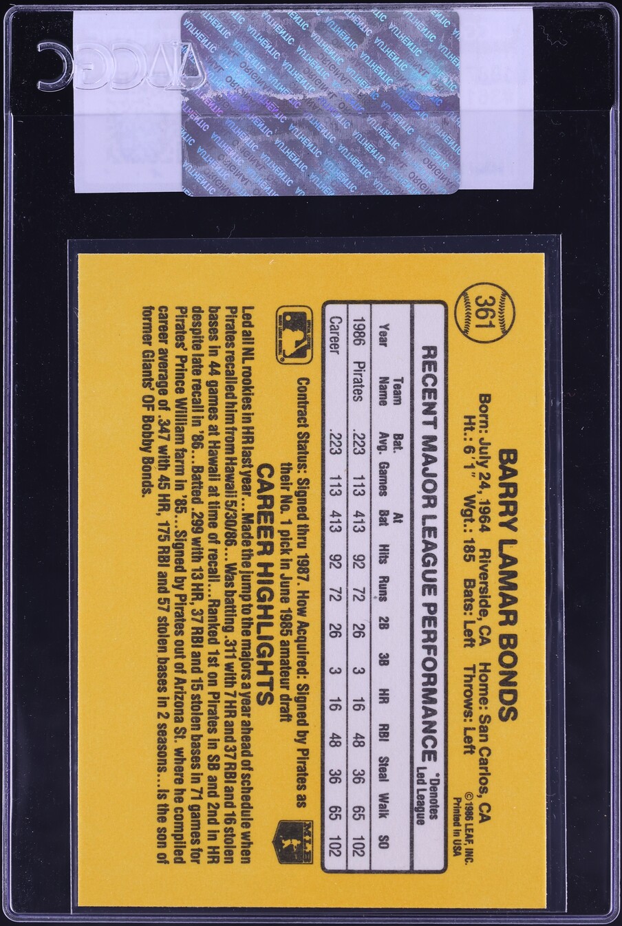 1987 Donruss Barry Bonds ROOKIE #361 CGC AUTH