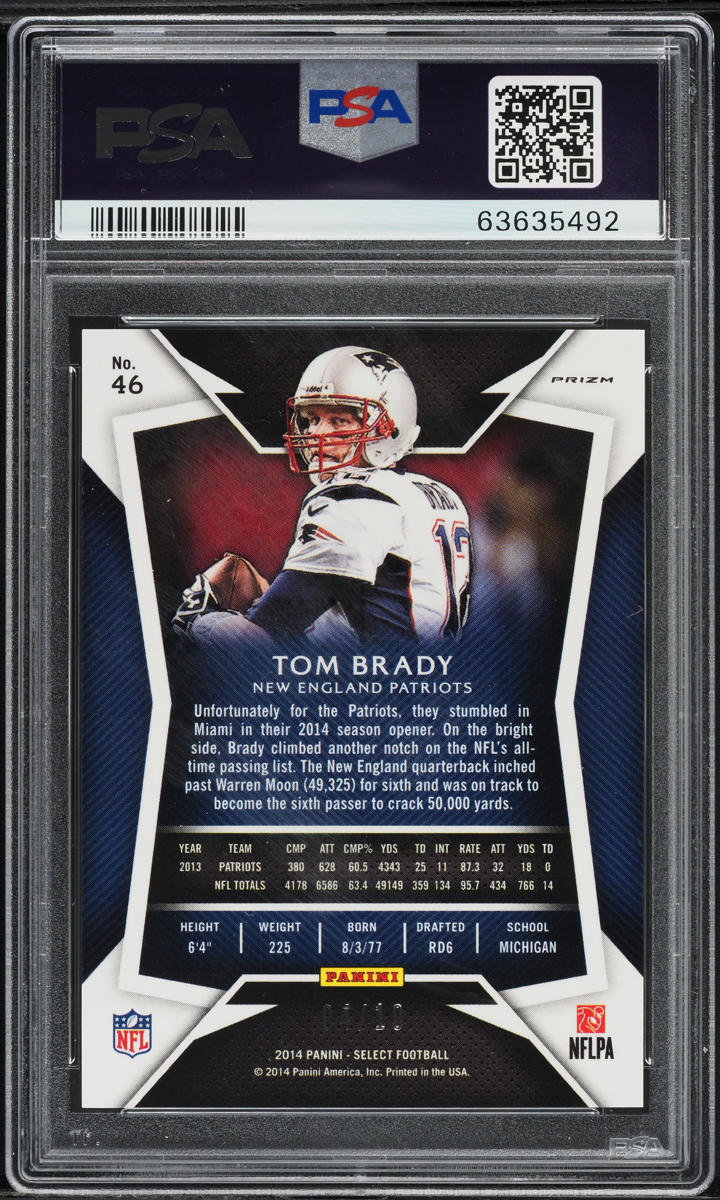 2014 Select Gold Prizm Tom Brady /10 #46 PSA 10 GEM MINT