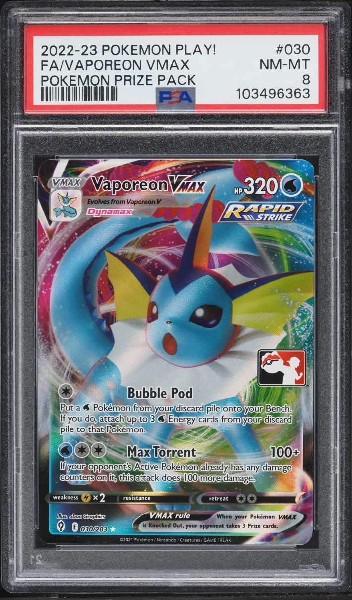 2022 Pokemon Sword & Shield Play! Prize Pack Full Art Vaporeon VMAX #030 PSA 8 NM-MT