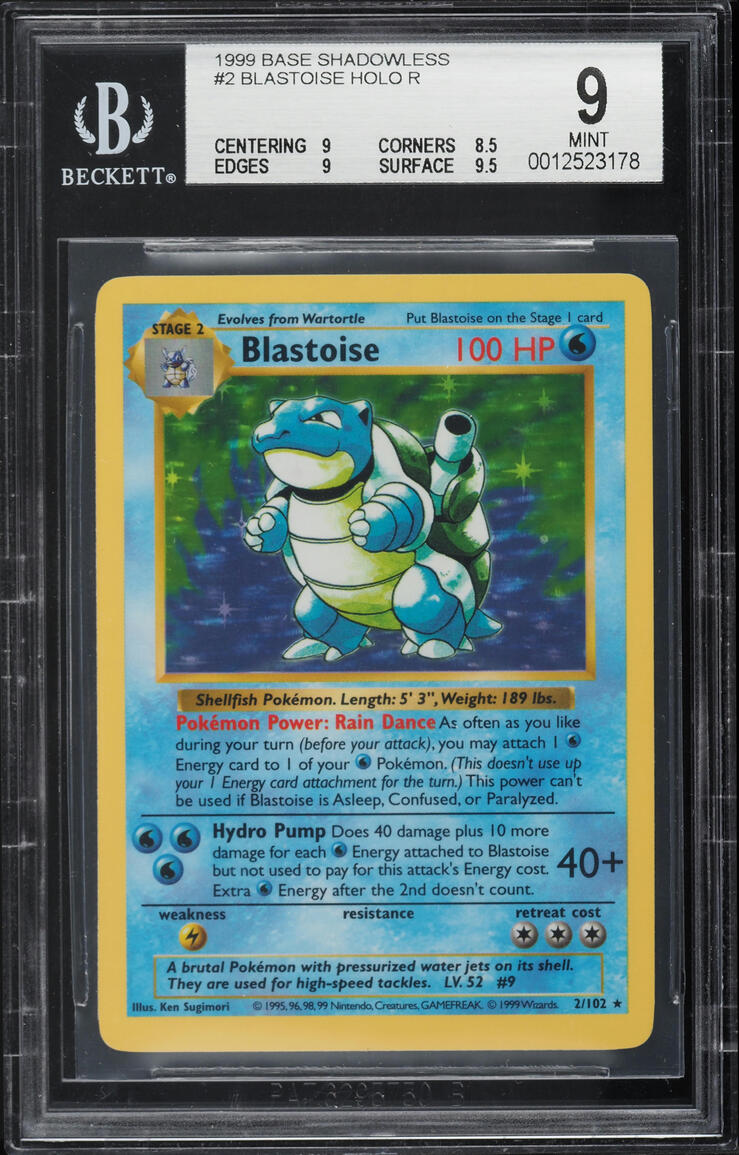1999 Pokemon Base Set Shadowless Holo Blastoise #2 BGS 9 MINT