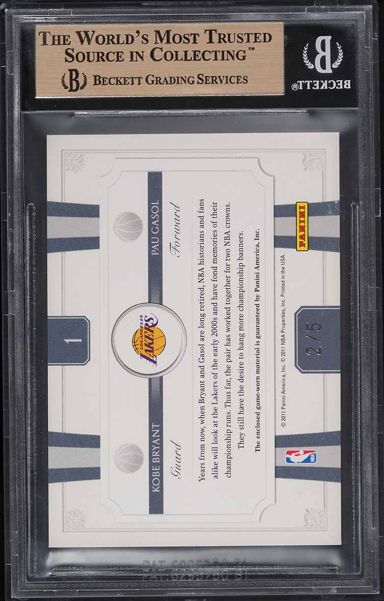 2010 National Treasures Kobe Bryant Pau Gasol NBA LOGO TAG PATCH /5 BGS 9.5 GEM