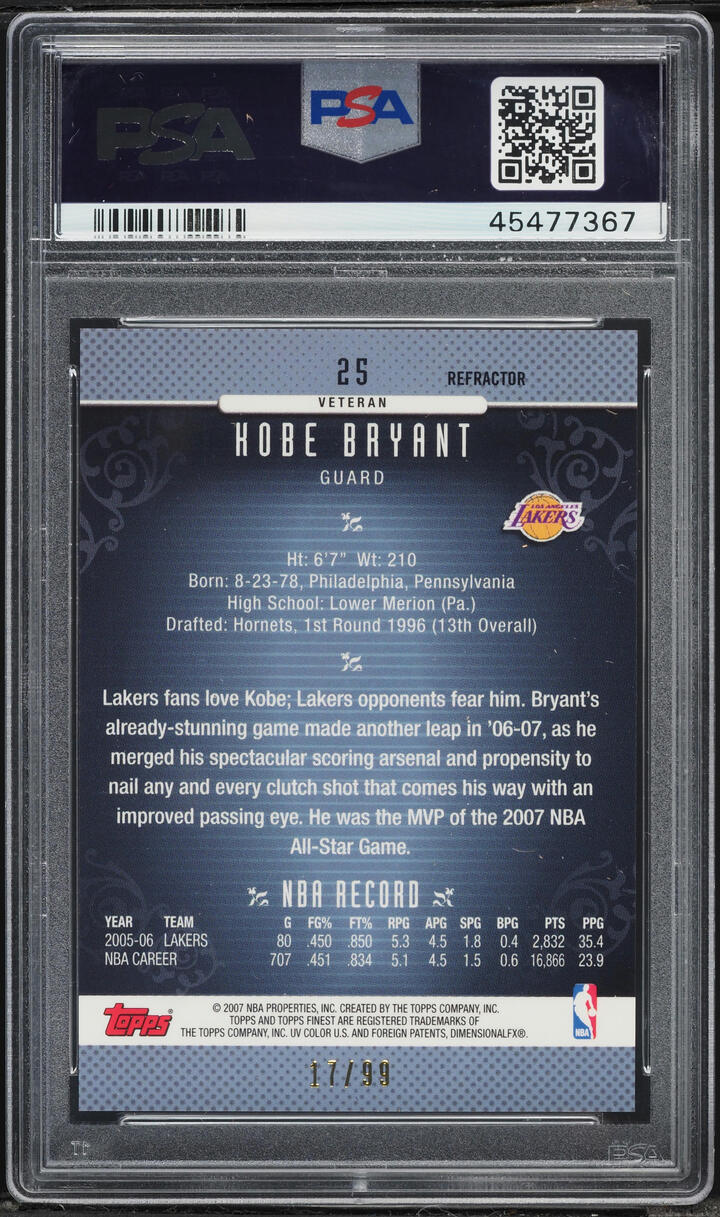 2006 Finest Black Refractor Kobe Bryant /99 #25 PSA 10 GEM MINT