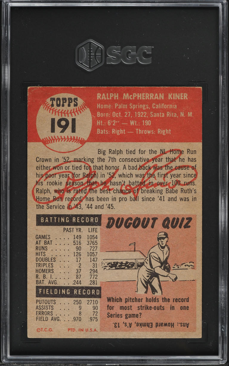 1953 Topps Ralph Kiner #191 SGC 3 VG