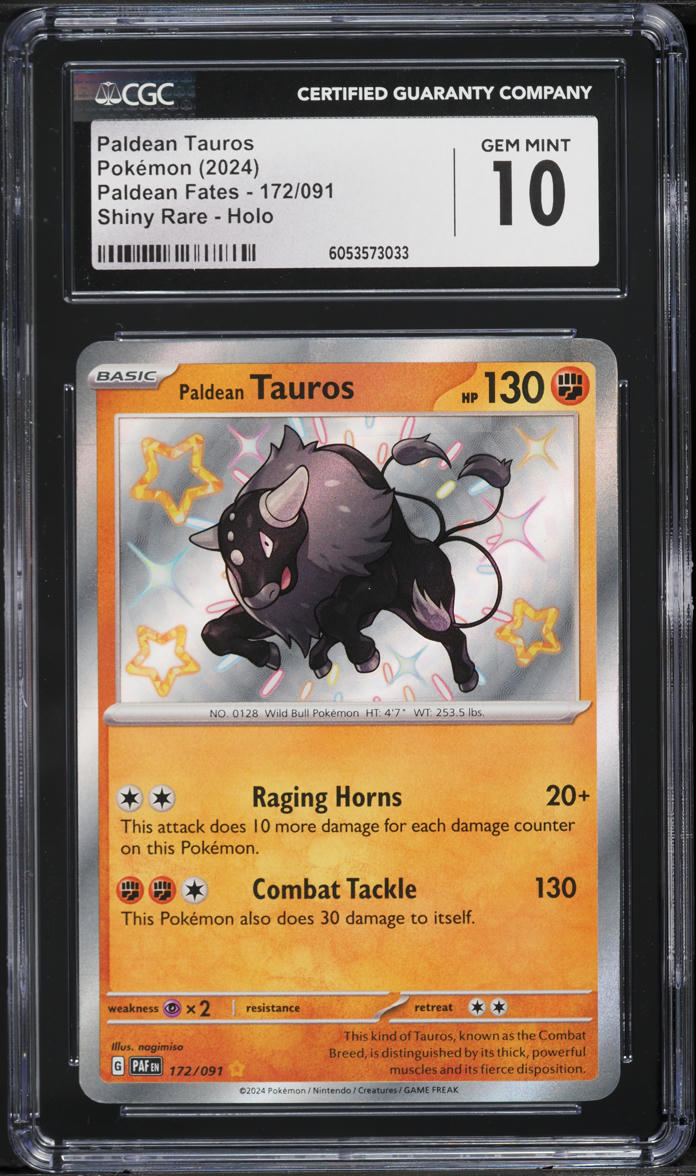 2024 Pokemon Scarlet & Violet Paldean Fates Shiny Paldean Tauros #172 CGC 10 GEM MINT