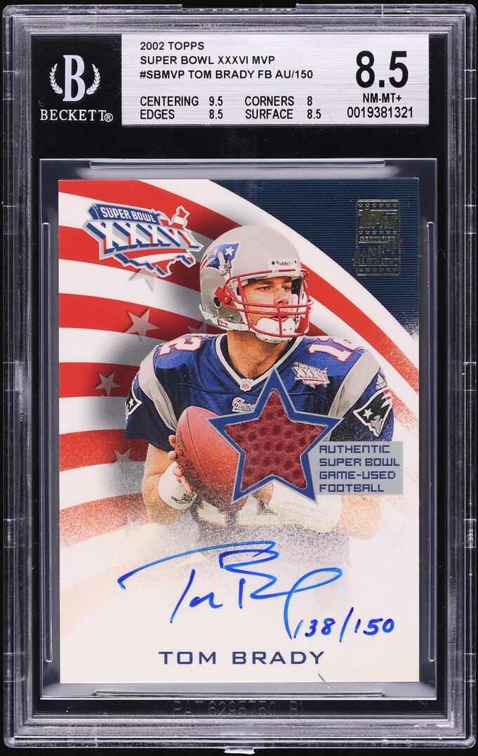 2002 Topps Super Bowl XXXVI MVP Tom Brady GAME-USED PATCH AUTO /150 #SBMVP BGS 8.5 NM-MT+ - Photo 1