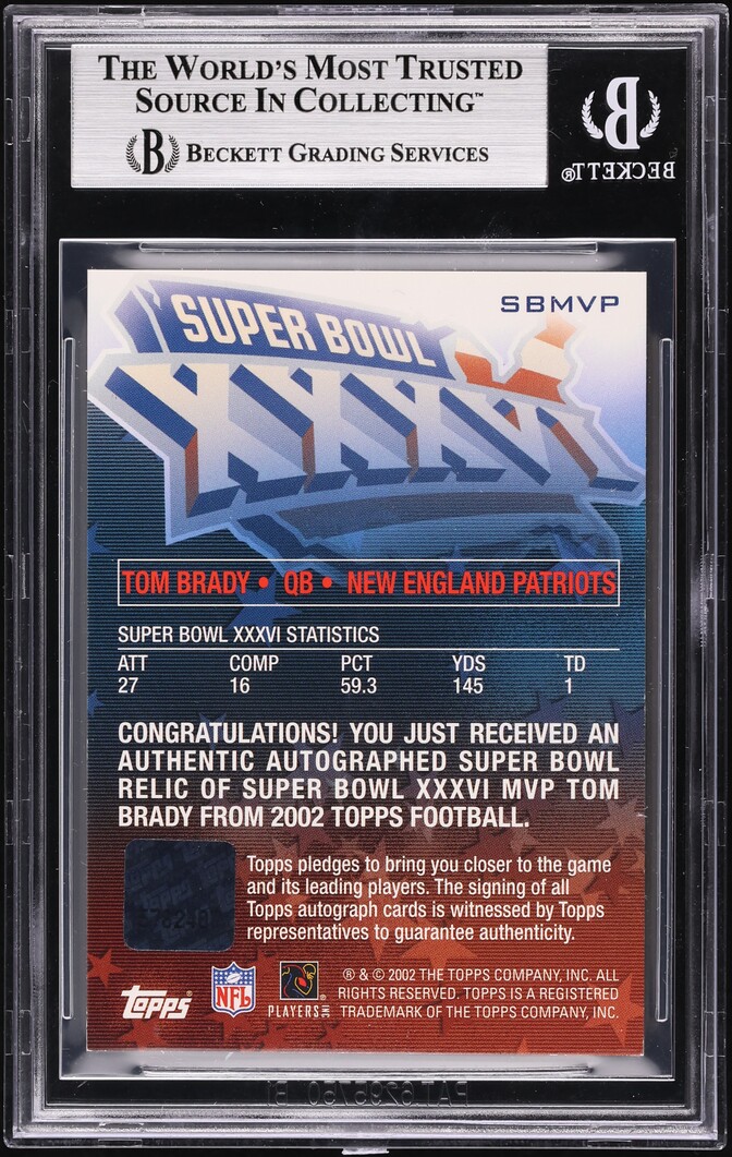 2002 Topps Super Bowl XXXVI MVP Tom Brady GAME-USED PATCH AUTO /150 #SBMVP BGS 8.5 NM-MT+ - Photo 2