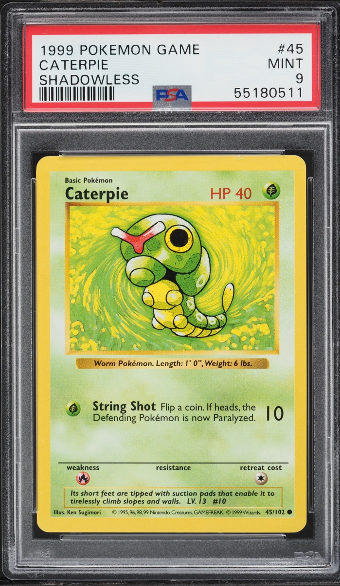 1999 Pokemon Base Set Shadowless Caterpie #45 PSA 9 MINT