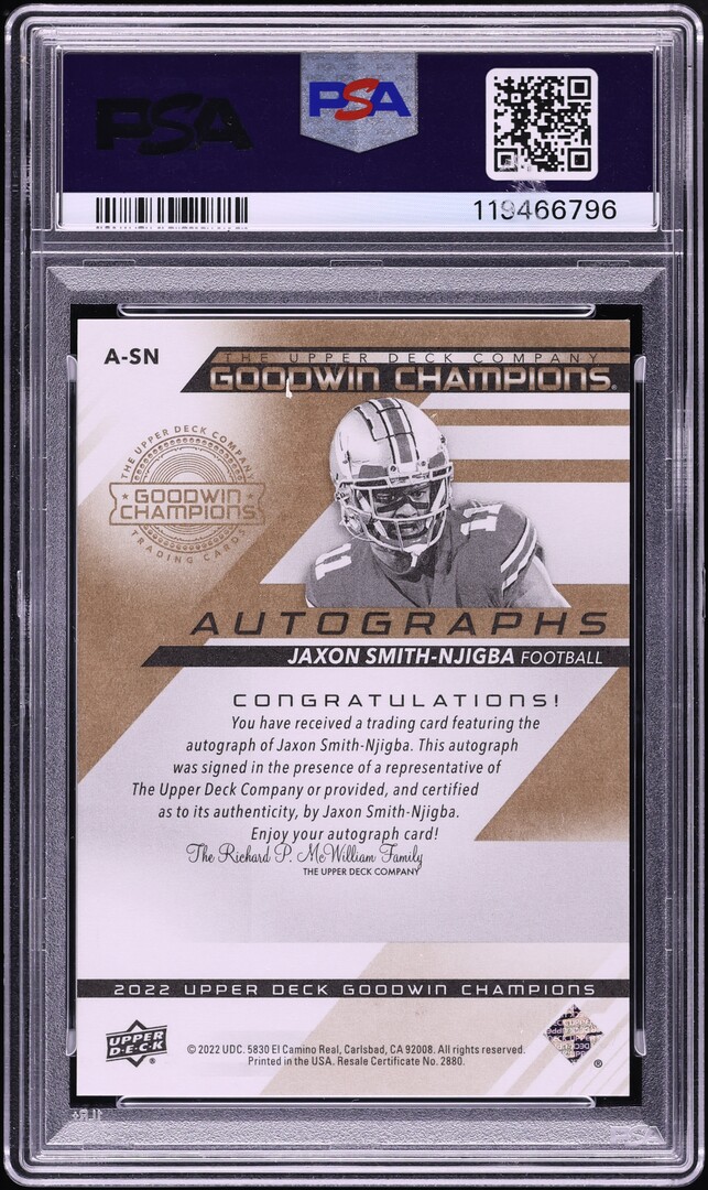2022 Upper Deck Goodwin Champions Jaxon Smith-Njigba ROOKIE AUTO #ASN PSA 9 MINT
