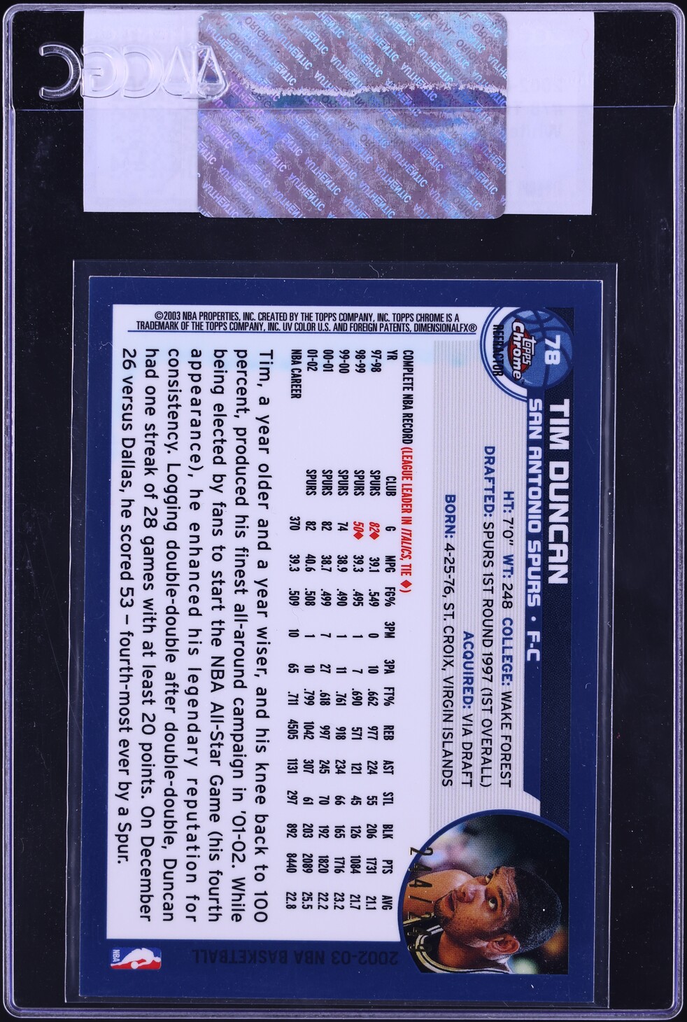 2002 Topps Chrome White Border Refractor Tim Duncan /249 #78 CGC AUTH