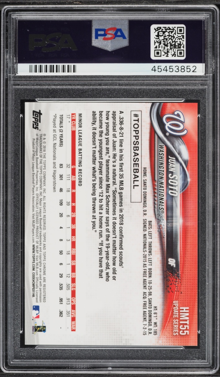 2018 Topps Chrome Update Pink Refractor Juan Soto ROOKIE #HMT55 PSA 9 MINT
