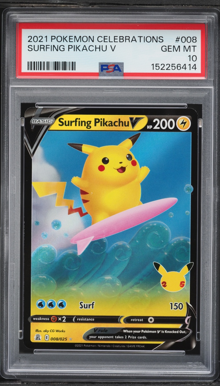 2021 Pokemon Sword & Shield Celebrations Holo Surfing Pikachu V #8 PSA 10 GEM MINT