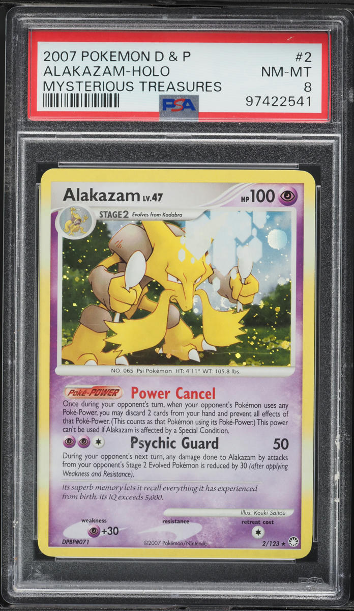 2007 Pokemon Diamond & Pearl Mysterious Treasures Holo Alakazam #2 PSA 8 NM-MT