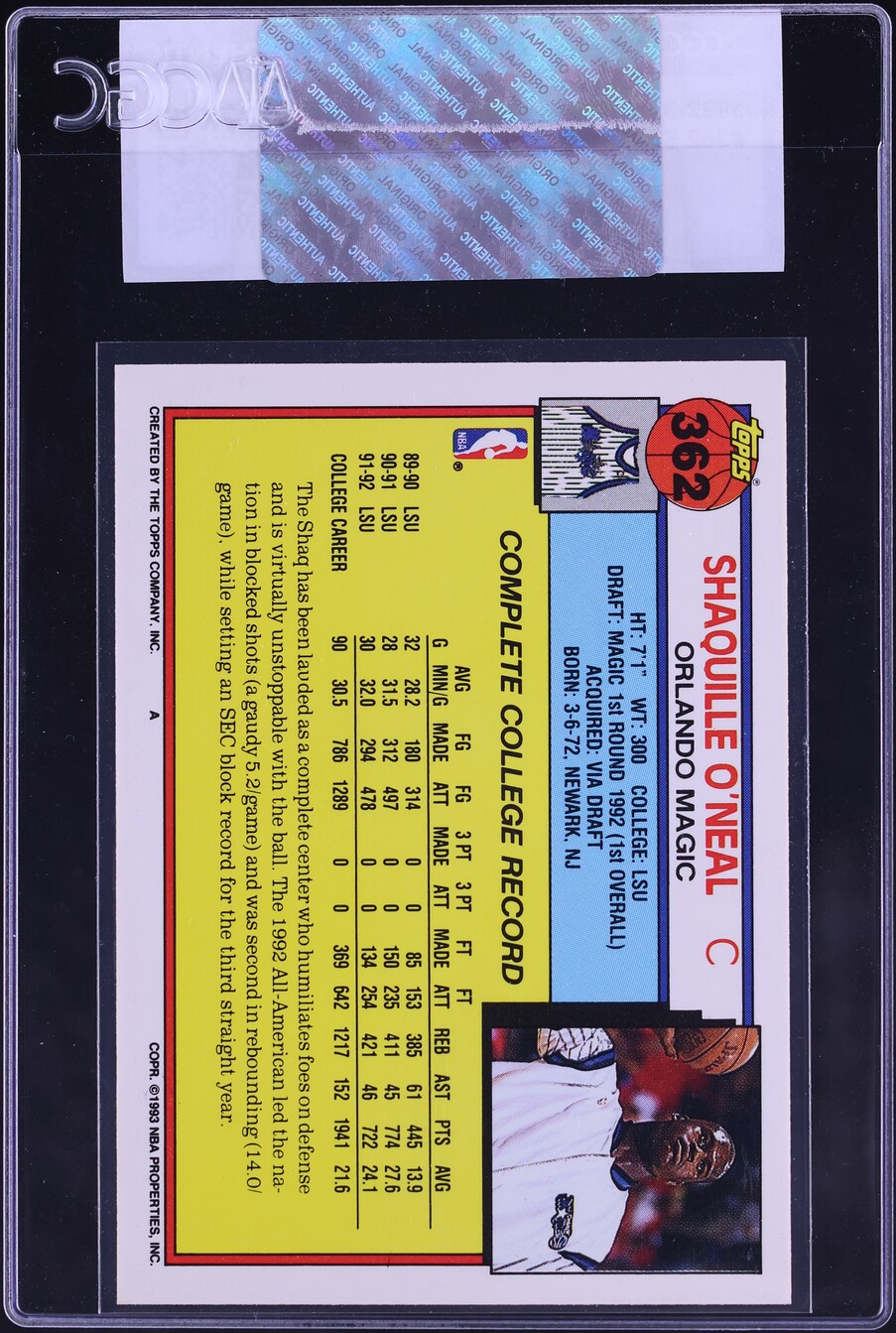 1992 Topps Basketball Shaquille O'Neal ROOKIE #362 CGC AUTH