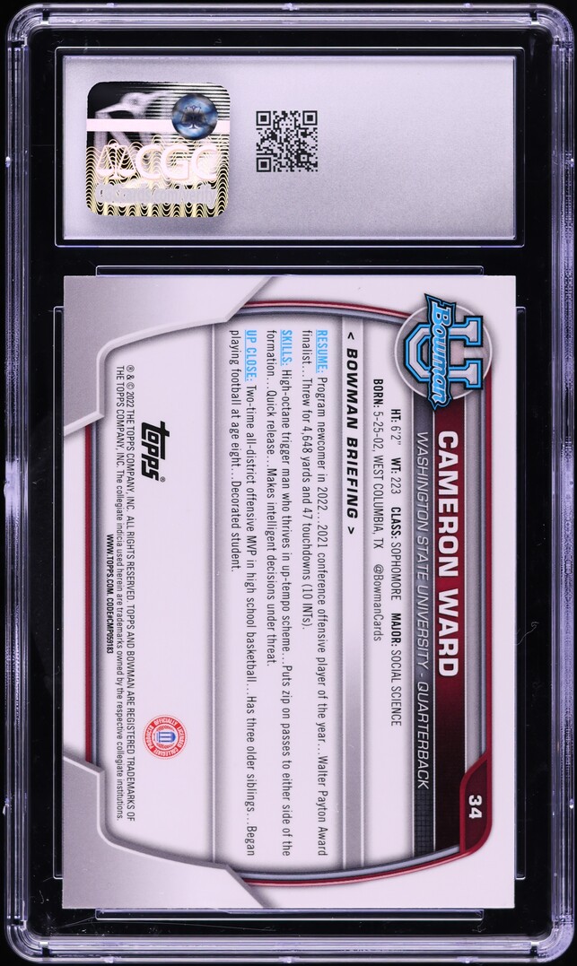 2022 Bowman University Pink Refractor Cameron Ward ROOKIE #34 CGC 10 GEM MINT