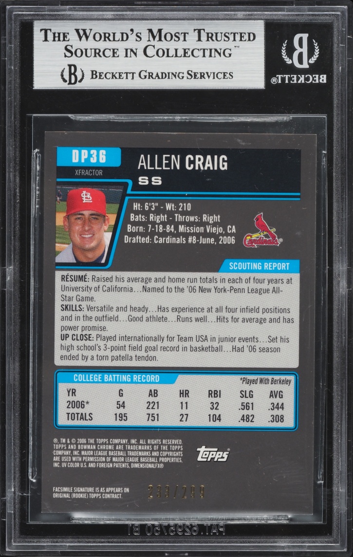 2006 Bowman Chrome Draft Picks Xfractor Allen Craig PROSPECT /299 #36 BGS 9 MINT
