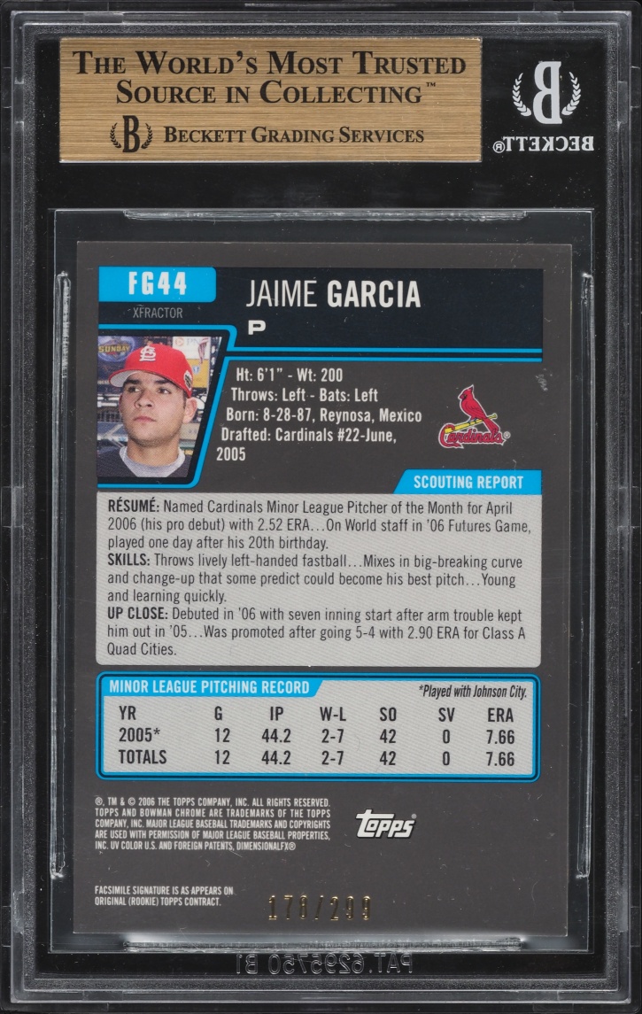 2006 Bowman Chrome Draft Future's Game Xfractor Jaime Garcia PROSPECT /299 #44 BGS 9.5 GEM MINT