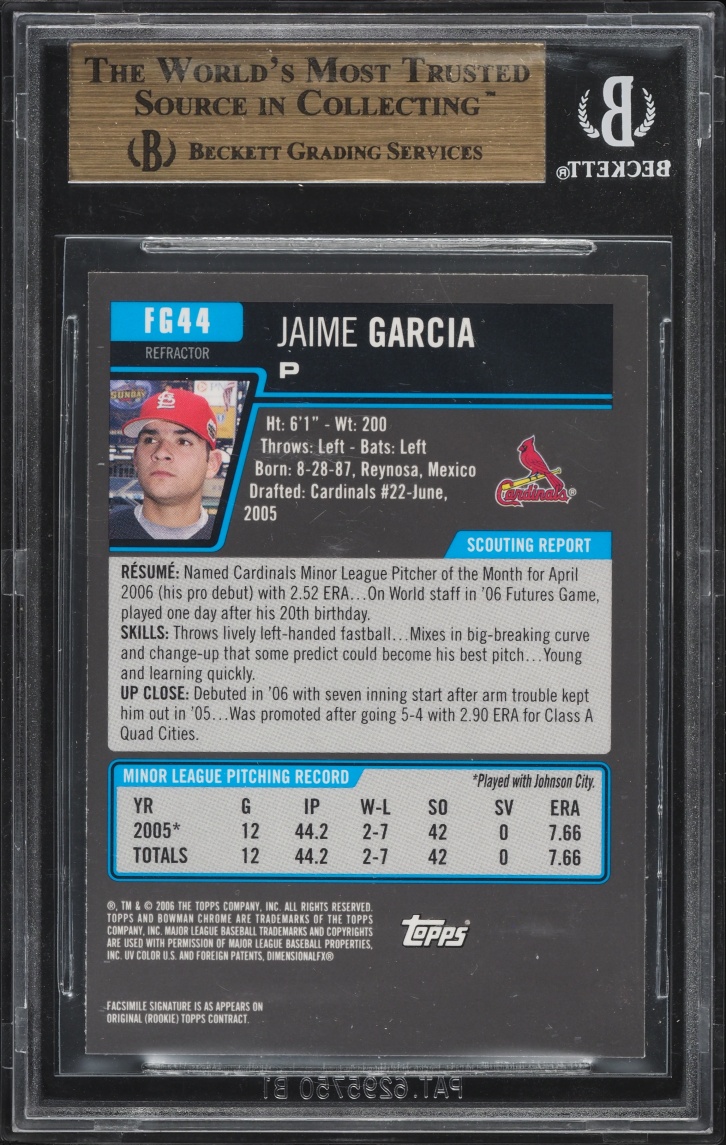 2006 Bowman Chrome Draft Future's Game Refractors Jaime Garcia PROSPECT #44 BGS 9.5 GEM MINT