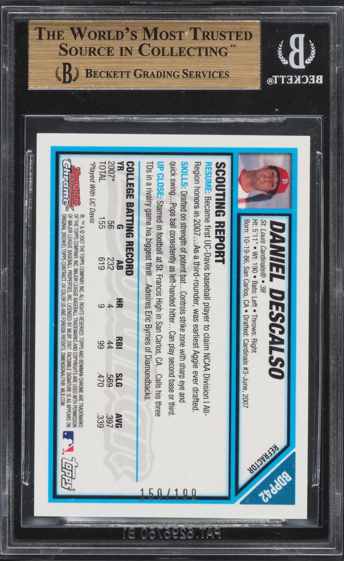 2007 Bowman Chrome Draft Picks Blue Refractor Daniel Descalso PROSPECT /199 #BDPP42 BGS 9.5 GEM