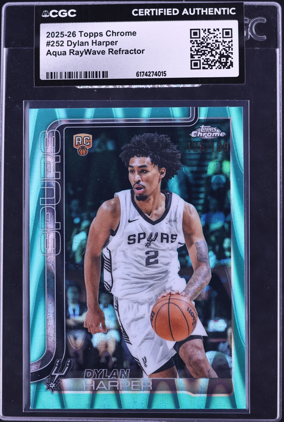 2025 Topps Chrome Aqua Raywave Refractor Dylan Harper ROOKIE /199 #252 CGC AUTH