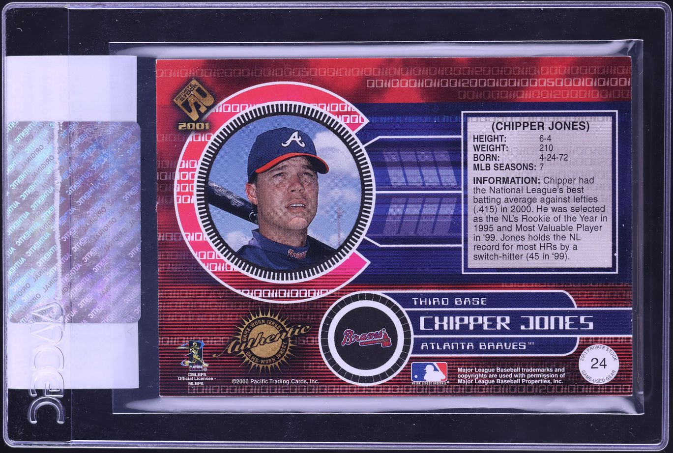 2001 Pacific Private Stock Game Jersey Chipper Jones PATCH #24 CGC AUTH