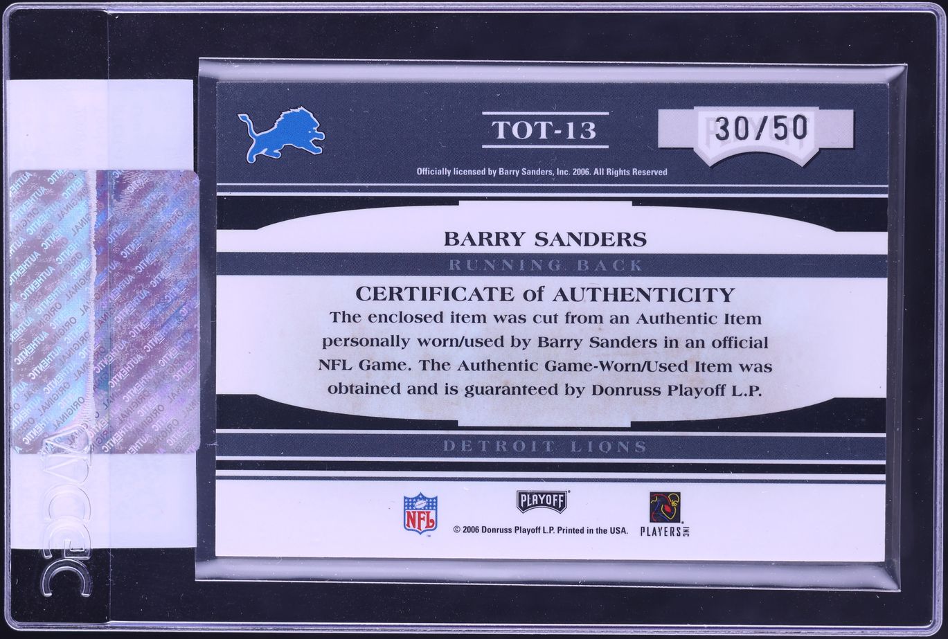 2006 Playoff Absolute Tools Of The Trade Materials Blue Barry Sanders PATCH /50 CGC AUTH