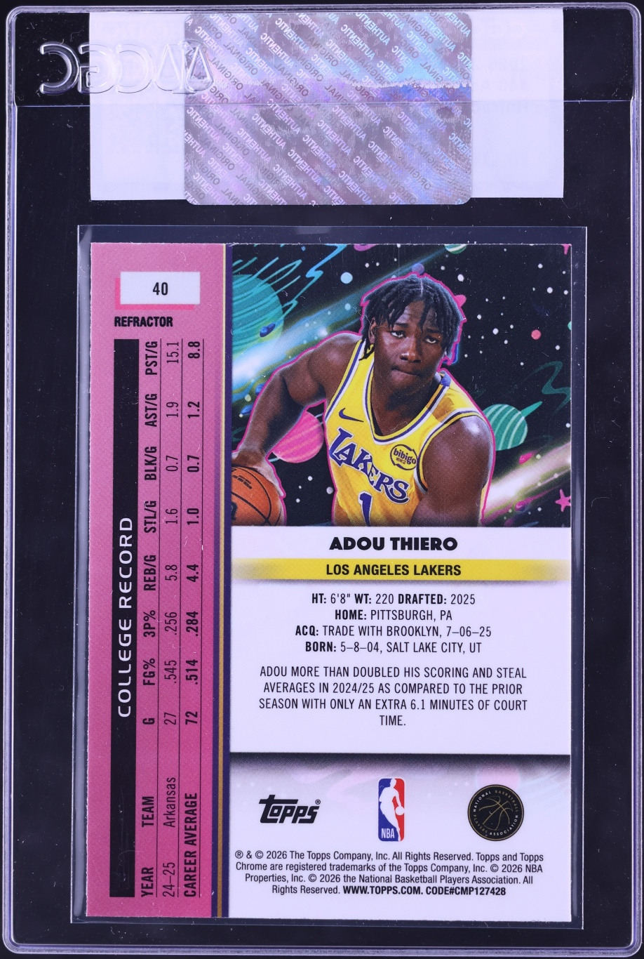 2025 Topps Chrome Cosmic Refractor Adou Thiero ROOKIE #40 CGC AUTH