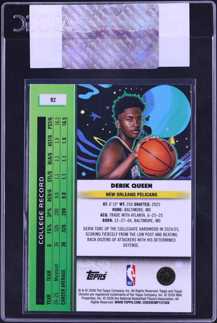 2025 Topps Chrome Cosmic Derik Queen ROOKIE #92 CGC AUTH