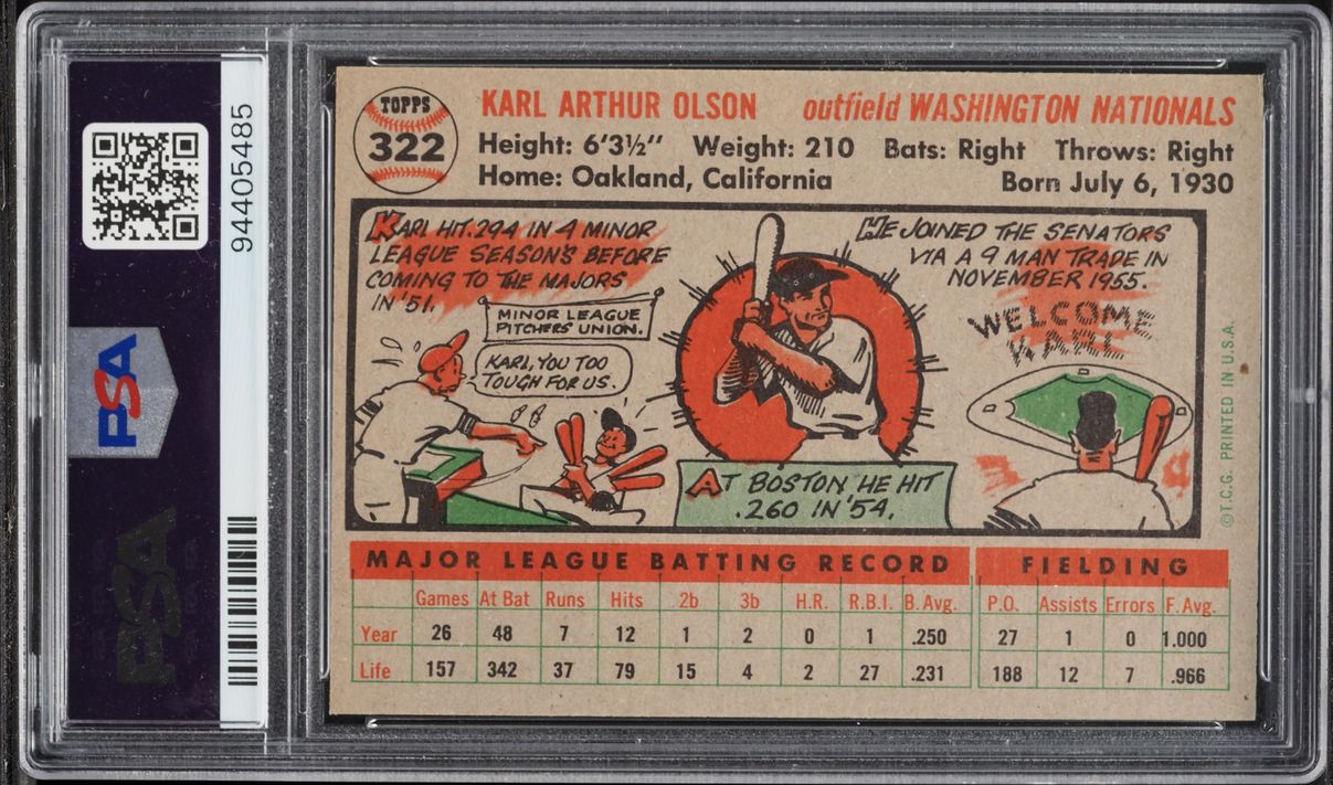 1956 Topps Karl Olson #322 PSA 7 NRMT
