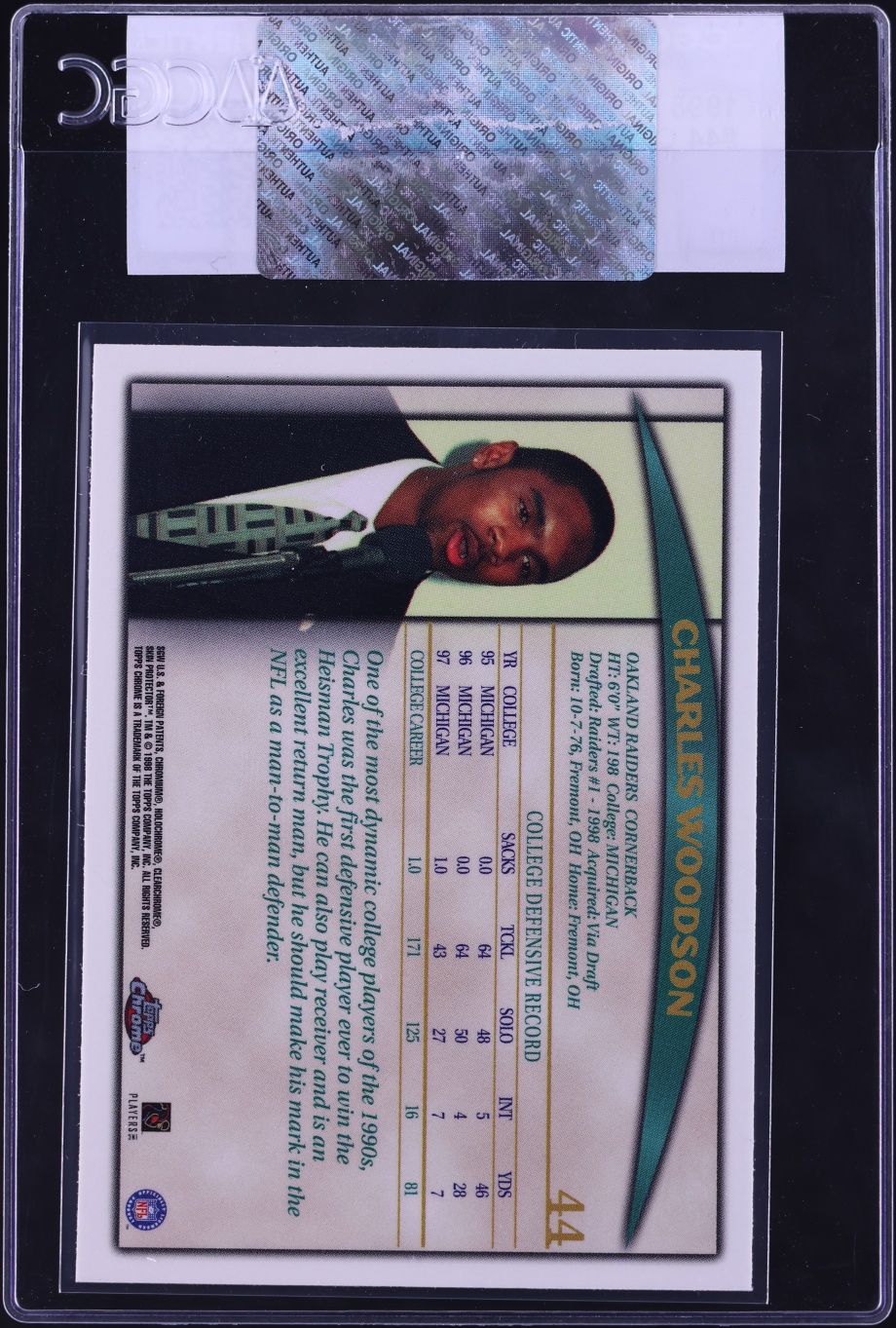 1998 Topps Chrome Charles Woodson ROOKIE #44 CGC AUTH