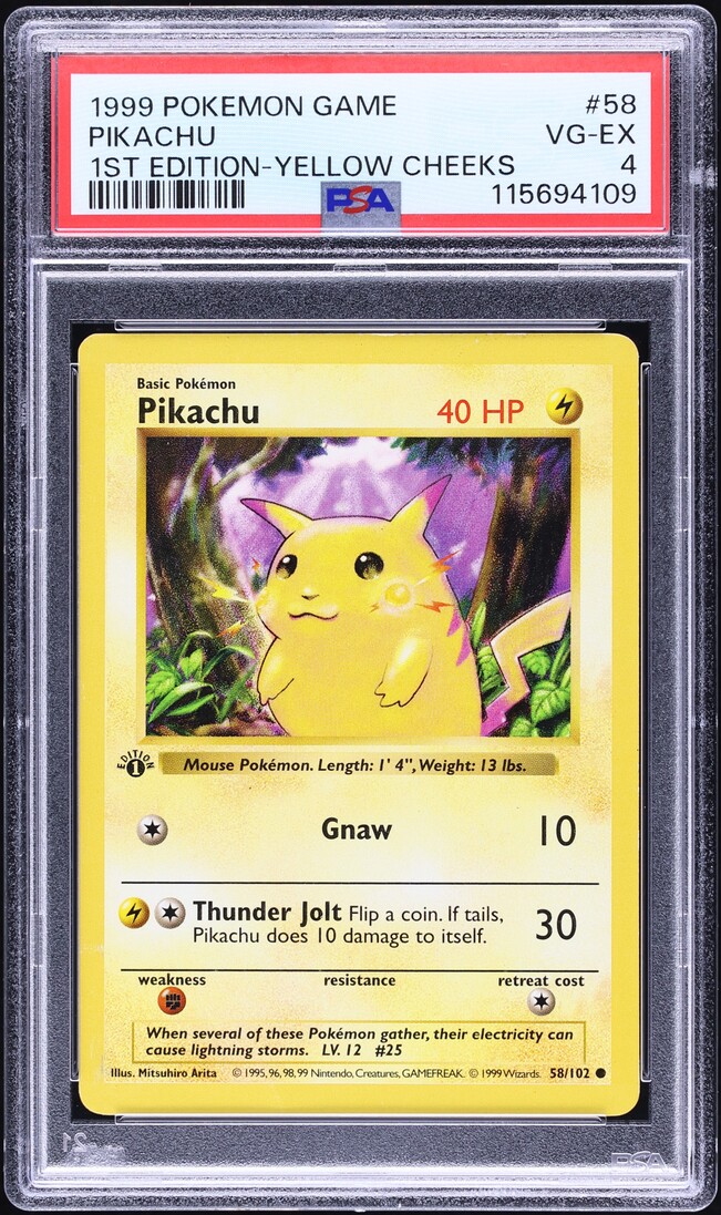 1999 Pokemon Base Set Shadowless 1st Edition Yellow Cheeks Pikachu #58 PSA 4