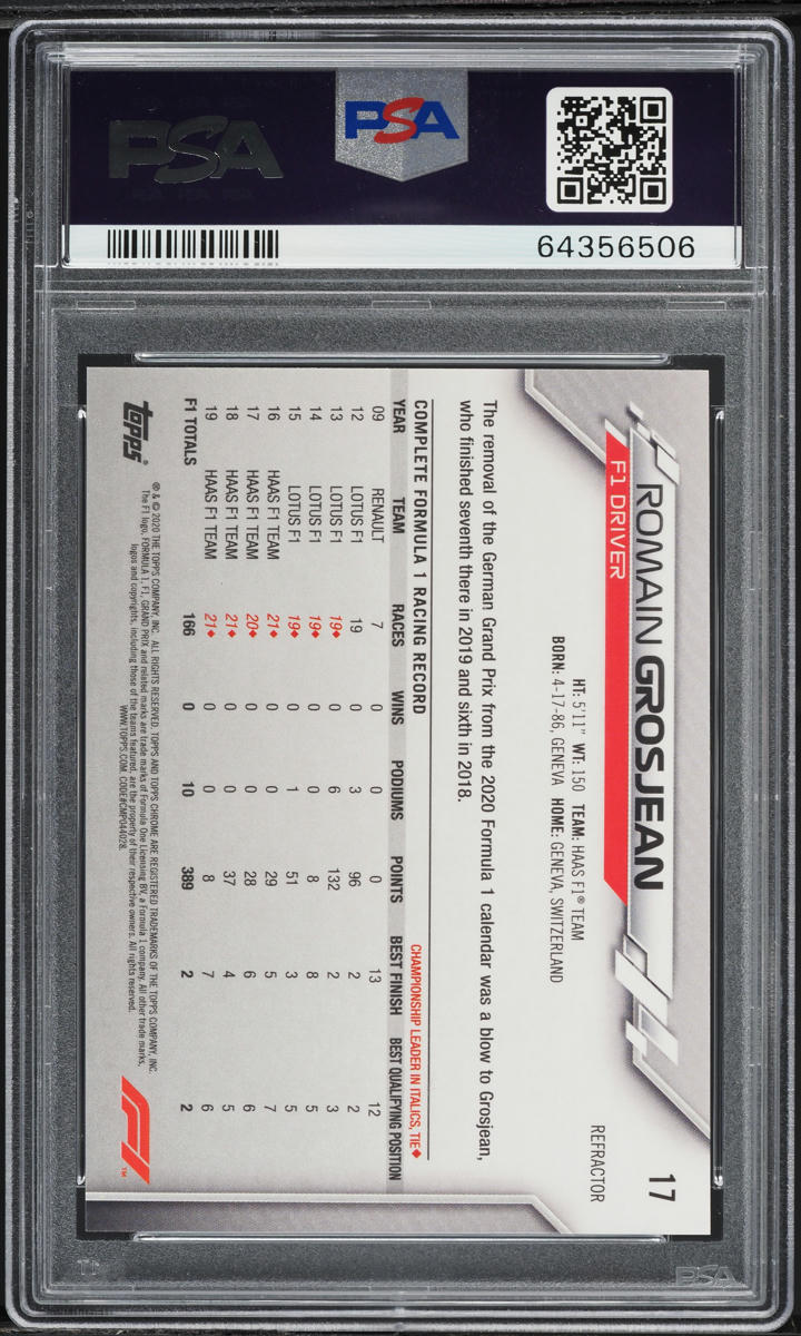 2020 Topps Chrome Formula 1 Refractor Romain Grosjean #17 PSA 10 GEM MINT