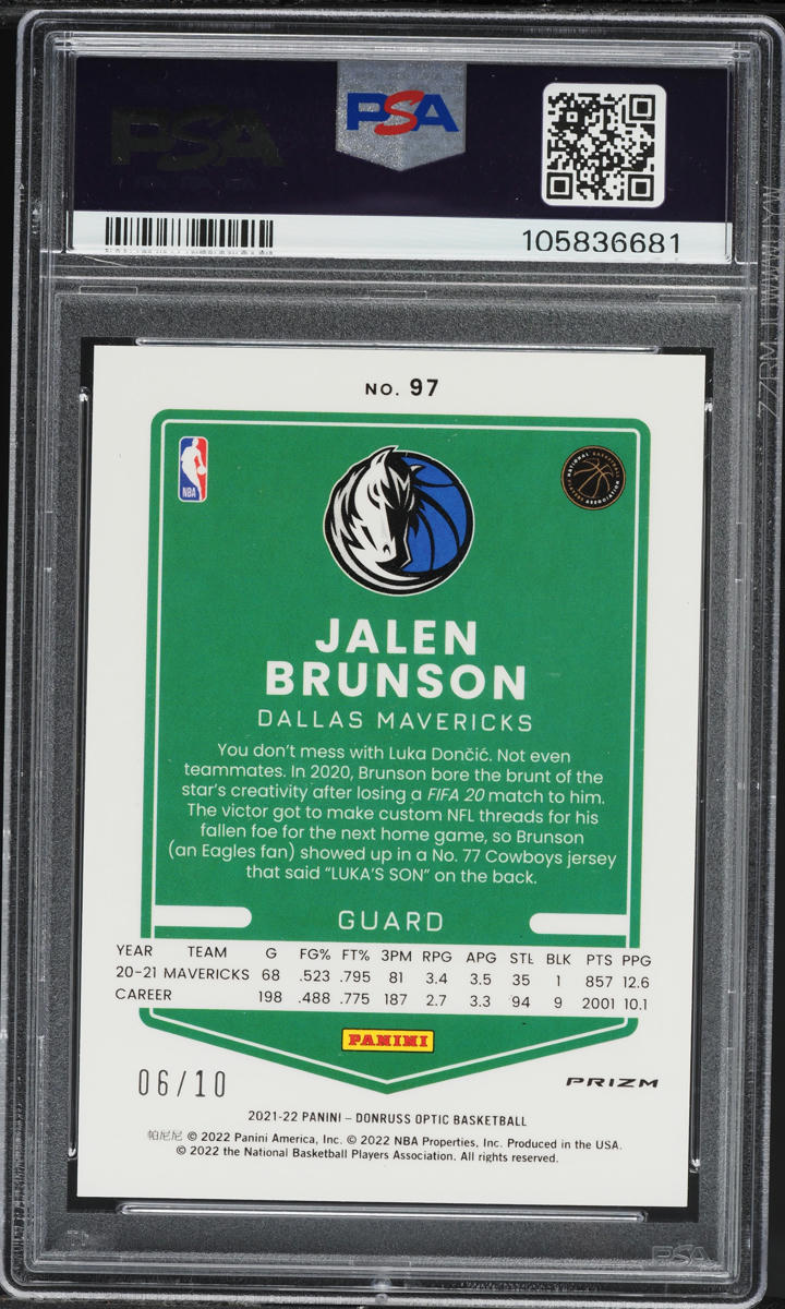 2021 Donruss Optic Fast Break Gold Jalen Brunson /10 #97 PSA 8 NM-MT