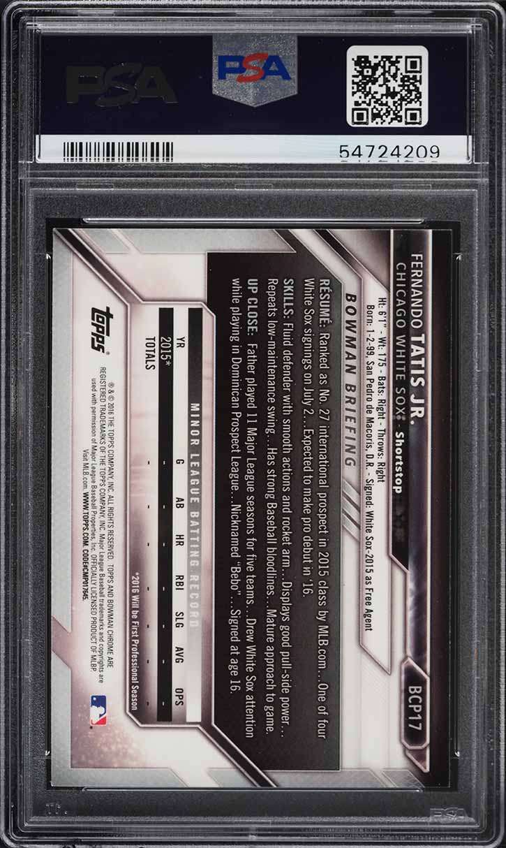 2016 Bowman Chrome Fernando Tatis Jr. PROSPECT #BCP17 PSA 10 GEM MINT