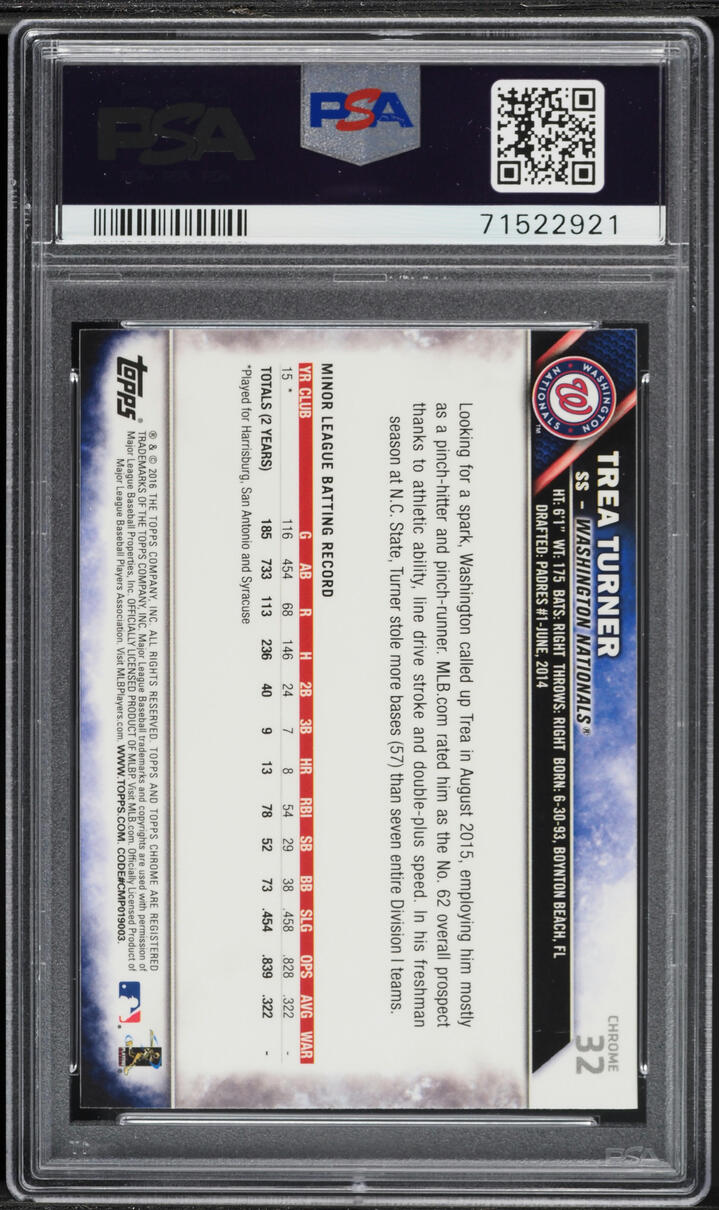 2016 Topps Chrome Pink Refractor Trea Turner ROOKIE #32 PSA 9 MINT