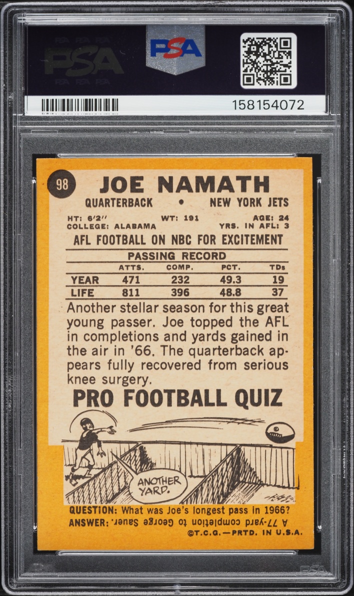 1967 Topps Football Joe Namath #98 PSA 8 NM-MT